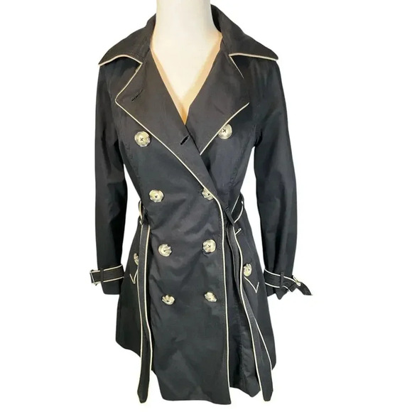 Merona Ladies Small Trench Coat Black /Beige W/Buttons and Belt Water Repellent - Picture 3 of 13